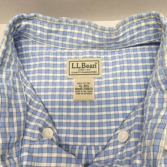 L.L. Bean Mens Blue & White Gingham Short-Sleeve Button-Up Shirt XL 100% Cotton - Picture 2 of 7